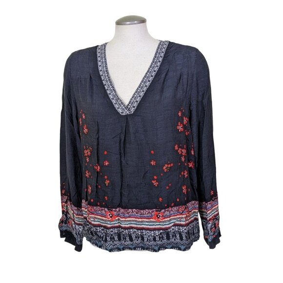 Desigual Top Women Large Black Beaded V Neck Top Long Sleeve Artsy Boho Colorful - Picture 1 of 8